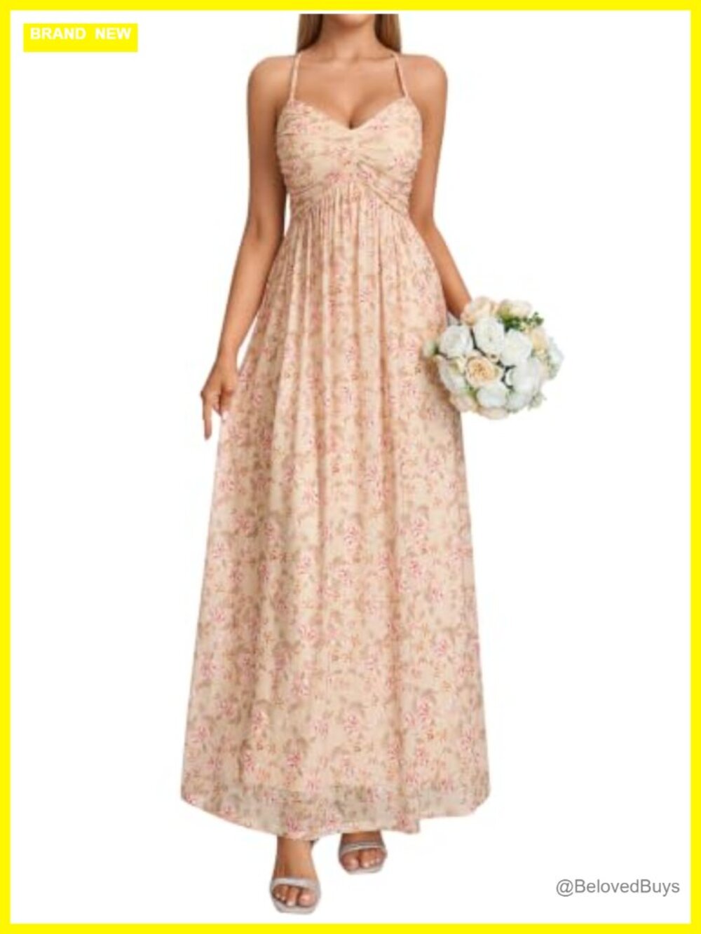 Womens Floral Mesh Maxi Dress Spaghetti Strap A-Line Wedding Guest